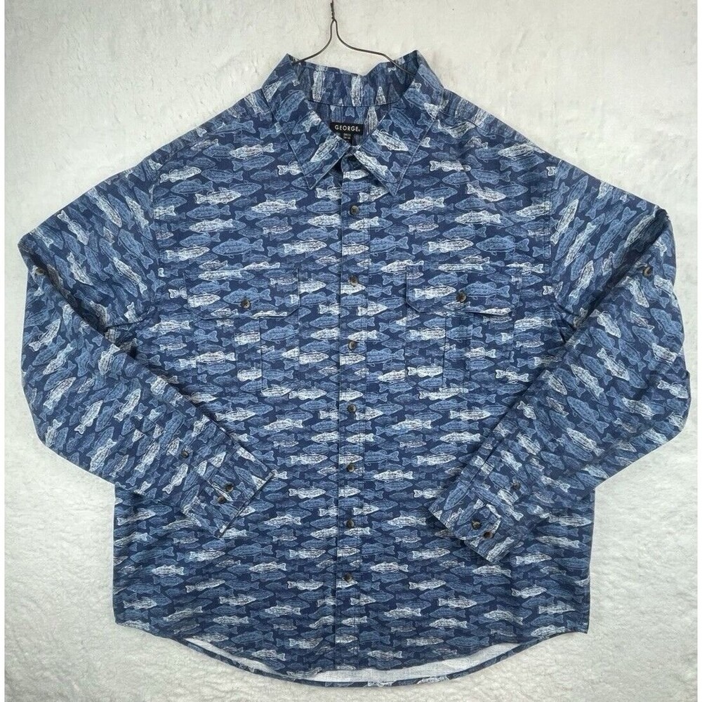 Vintage George Sportswear Fishing Shirt Men's Size 3XL Blue Estate Fish Pattern